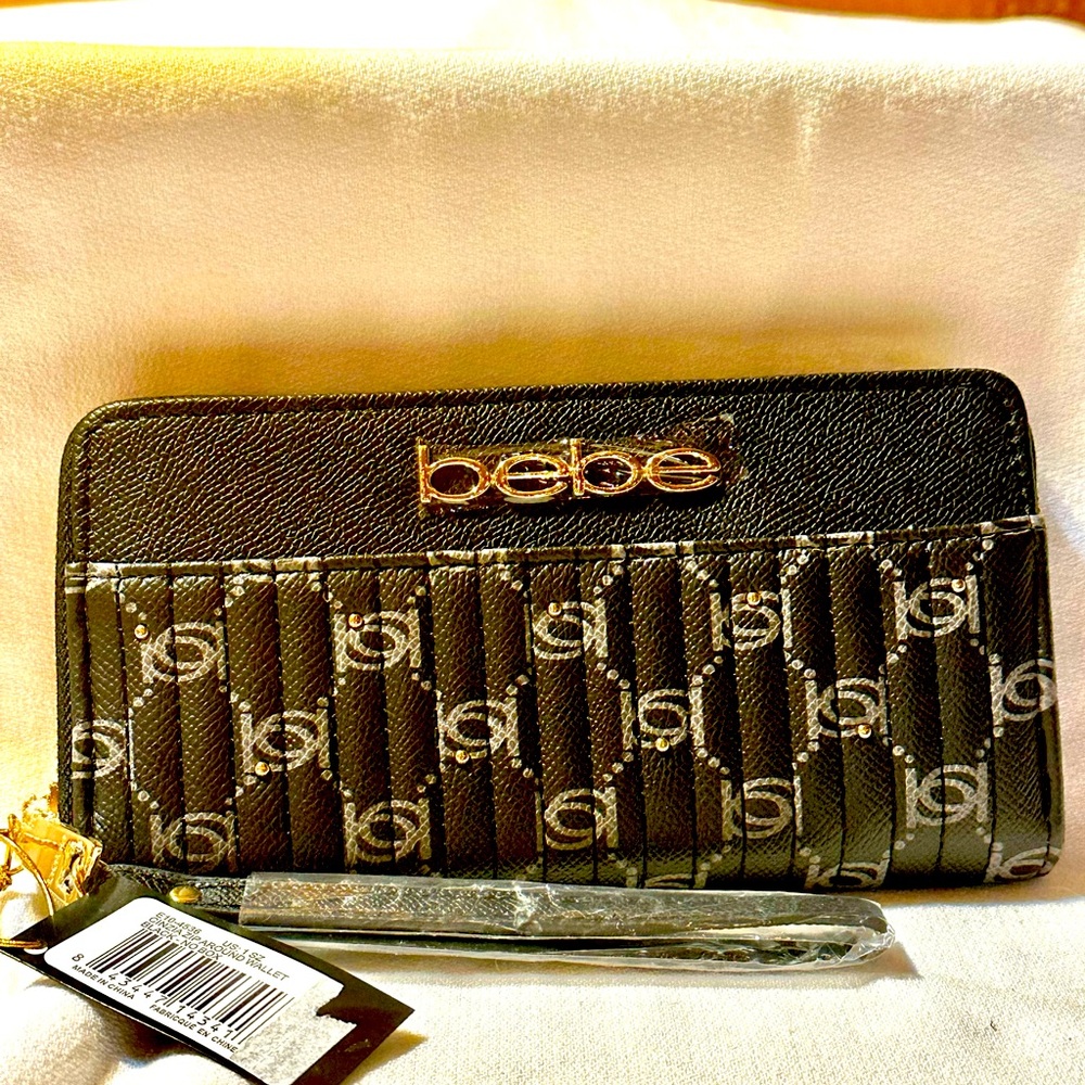 bebe Black and Gold Zip Around Wallet